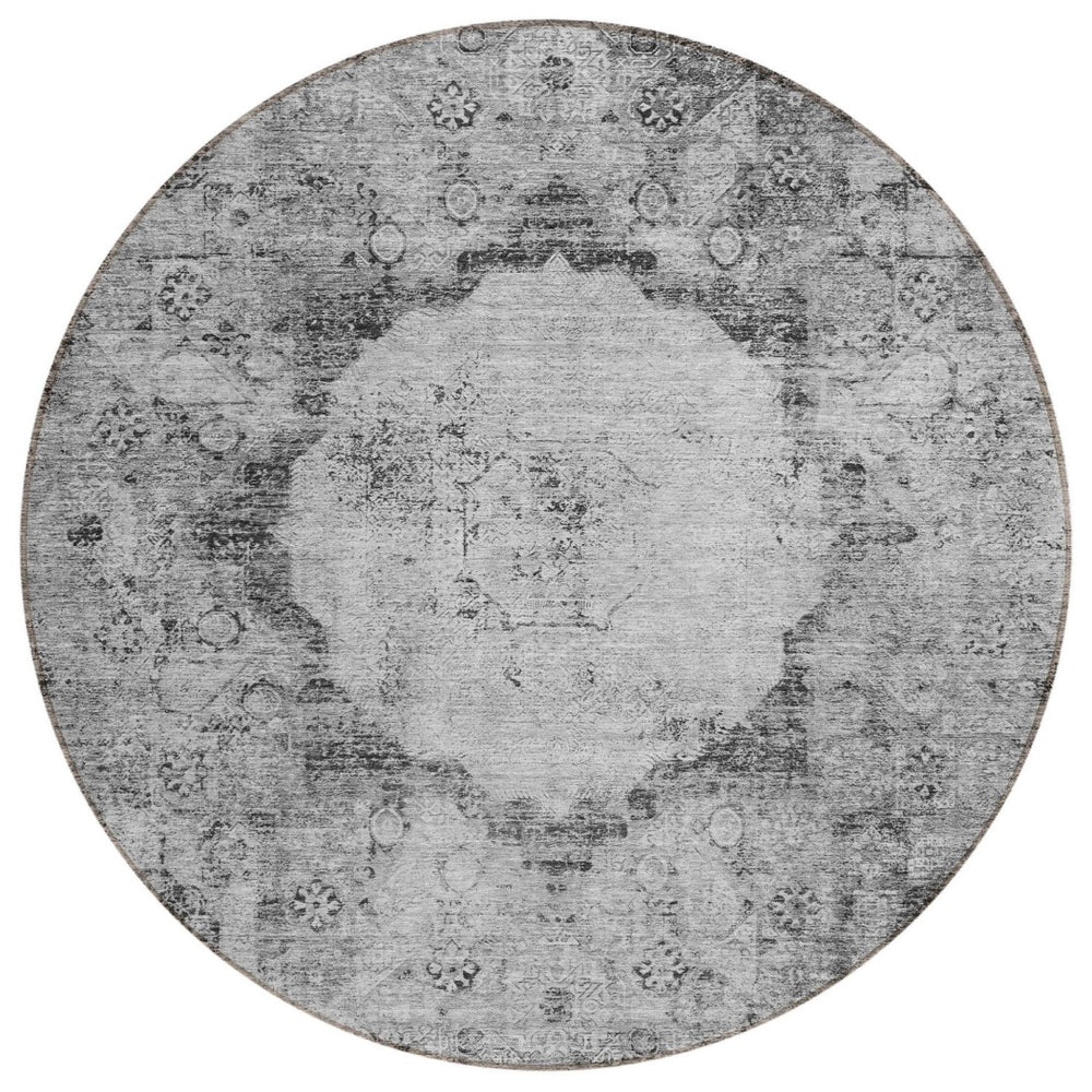 HomeRoots 5' Gray Charcoal and Silver Oriental Area Rug - Durable, Washable Design for Indoor & Outdoor Use 8' Round 581145