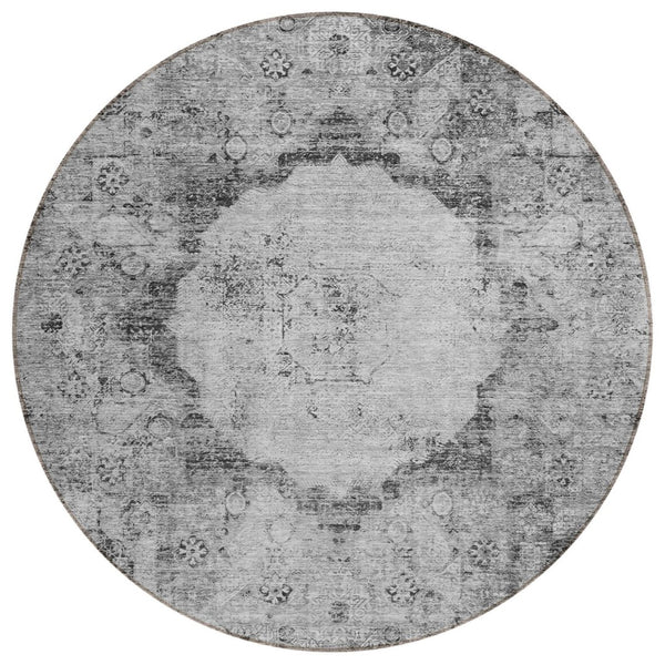 HomeRoots 5' Gray Charcoal and Silver Oriental Area Rug - Durable, Washable Design for Indoor & Outdoor Use 8' Round 581145