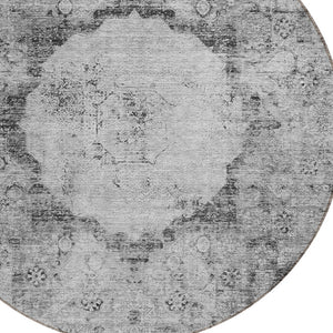 Homeroots 3' Gray Charcoal And Silver Oriental Washable Area Rug For Indoor Or Outdoor Spaces, Durable Design 8' Round Polyester 581145