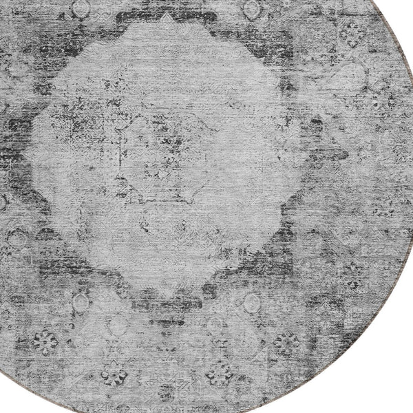 Homeroots 3' Gray Charcoal And Silver Oriental Washable Area Rug For Indoor Or Outdoor Spaces, Durable Design 8' Round Polyester 581145