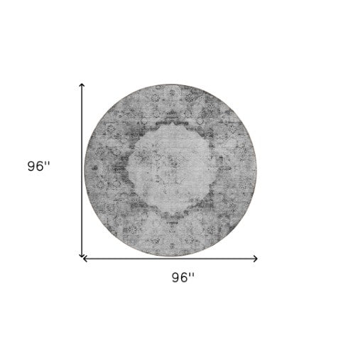 Homeroots 3' Gray Charcoal And Silver Oriental Washable Area Rug For Indoor Or Outdoor Spaces, Durable Design 8' Round Polyester 581145