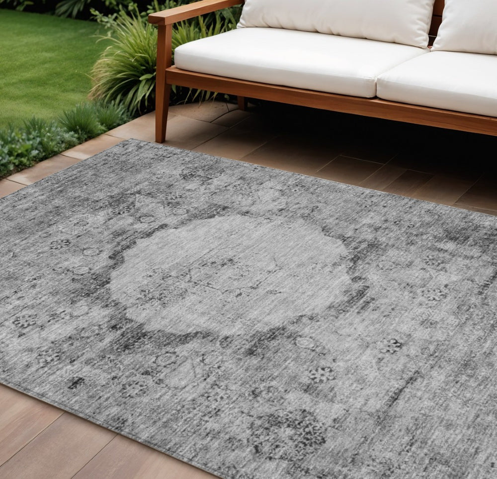 HomeRoots 9' Stylish Gray Charcoal and Silver Oriental Area Rug – Washable, Durable for Indoor and Outdoor Use 9' X 12' 581147