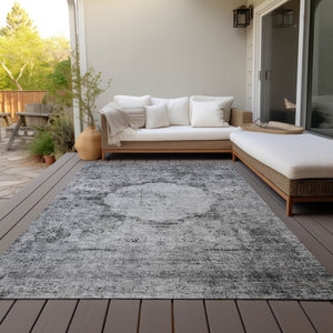 Homeroots 3' Gray Charcoal And Silver Oriental Washable Area Rug For Indoor Or Outdoor Spaces, Durable Design 9' X 12' Polyester 581147