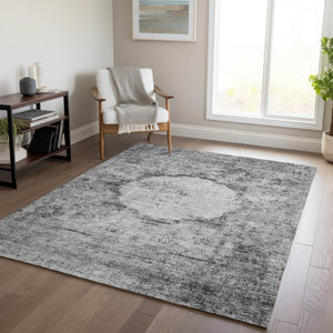Homeroots 3' Gray Charcoal And Silver Oriental Washable Area Rug For Indoor Or Outdoor Spaces, Durable Design 10' X 14' Polyester 581148