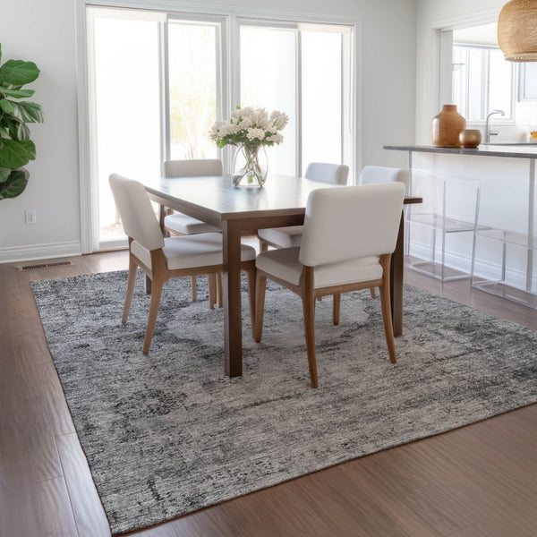 Homeroots 3' Gray Charcoal And Silver Oriental Washable Area Rug For Indoor Or Outdoor Spaces, Durable Design 10' X 14' Polyester 581148