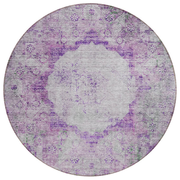 HomeRoots 5' Stylish Purple Lavender Gray Oriental Area Rug - Durable, Washable for Indoor & Outdoor Use 8' Round 581151