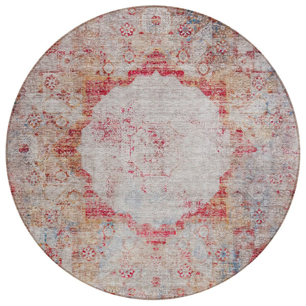 HomeRoots 5' Timeless Oriental Washable Area Rug in Red, Gray, and Blue for Indoor/Outdoor Elegance 8' Round 581157