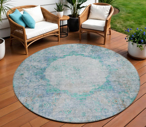 Homeroots 3' Gray Charcoal And Silver Oriental Washable Area Rug For Indoor Or Outdoor Spaces, Durable Design 8' Round Polyester 581163