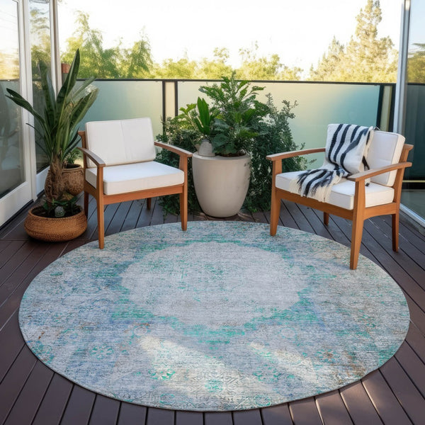 Homeroots 3' Gray Charcoal And Silver Oriental Washable Area Rug For Indoor Or Outdoor Spaces, Durable Design 8' Round Polyester 581163