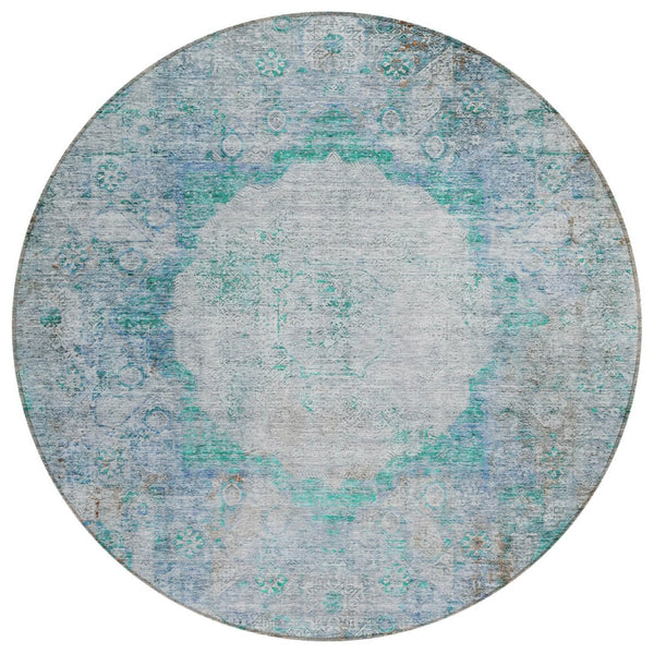 HomeRoots 5' Teal Blue Aqua and Gray Oriental Area Rug - Durable, Washable, Indoor/Outdoor Design for All Spaces 8' Round 581163