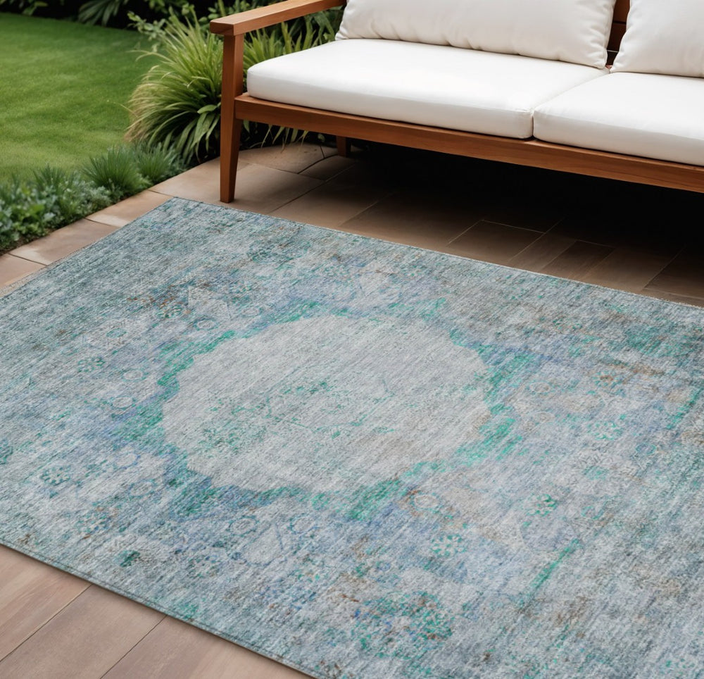 HomeRoots 9' Teal Blue Aqua and Gray Oriental Area Rug - Durable, Washable Design for Indoor & Outdoor Use 9' X 12' 581165