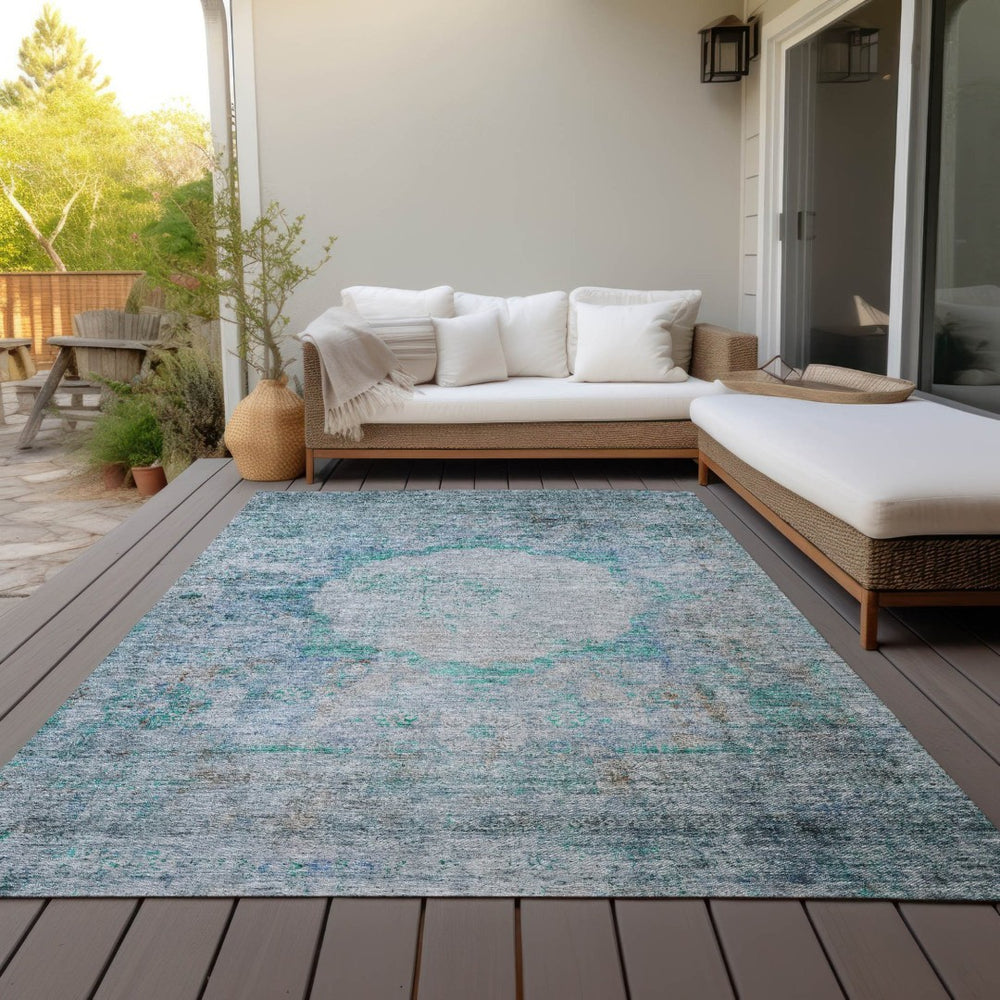 HomeRoots 5' Teal Blue Aqua and Gray Oriental Area Rug - Durable, Washable, Indoor/Outdoor Design for All Spaces 10' X 14' 581166