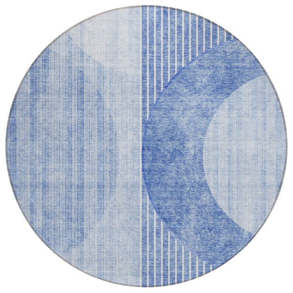HomeRoots 5' Geometric Washable Area Rug in Denim and Sky Blue, Durable for Indoor and Outdoor Spaces 8' Round 581175