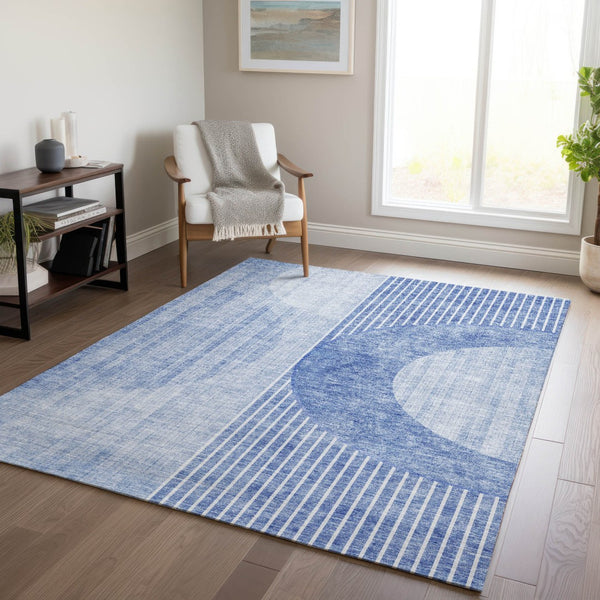 Homeroots 3' Stylish Denim Blue & Sky Blue Geometric Washable Indoor Outdoor Area Rug For Versatile Spaces 8' X 10' Polyester 581176