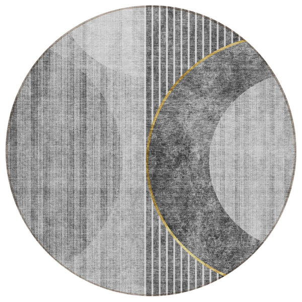 HomeRoots 5' Charcoal Gray and Silver Geometric Area Rug - Stylish, Washable Indoor/Outdoor Solution for Any Space 8' Round 581181