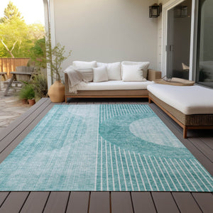 Homeroots 3' Stylish Denim Blue & Sky Blue Geometric Washable Indoor Outdoor Area Rug For Versatile Spaces 10' X 14' Polyester 581196