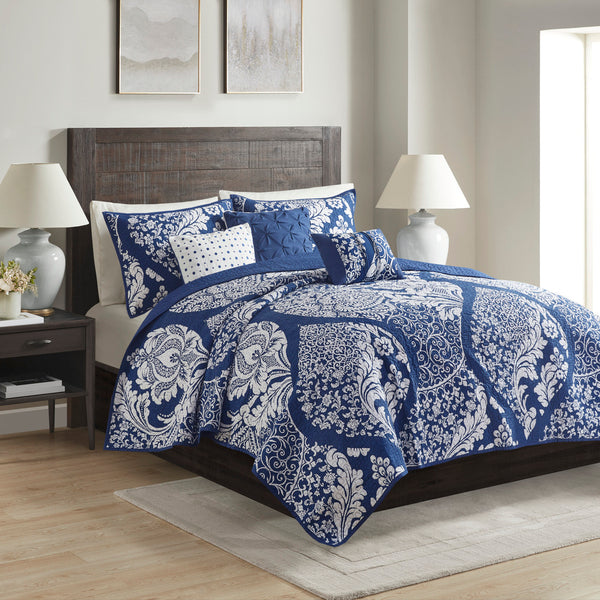 English Elm 6 Madison Park Vienna Reversible Cotton Quilt Set with Damask Print, Flange Edge & Embroidered Pillows Indigo 23.23 L x 18.5 W x 11.81 H B03597520