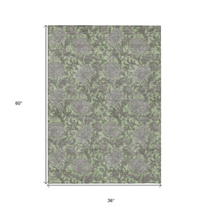 Homeroots 3' Artichoke Green And Gray Floral Washable Area Rug For Indoor And Outdoor Spaces, Durable Design 3' X 5' Polyester 581209