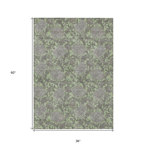 Homeroots 3' Artichoke Green And Gray Floral Washable Area Rug For Indoor And Outdoor Spaces, Durable Design 3' X 5' Polyester 581209