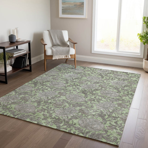 Homeroots 3' Artichoke Green And Gray Floral Washable Area Rug For Indoor And Outdoor Spaces, Durable Design 3' X 5' Polyester 581209