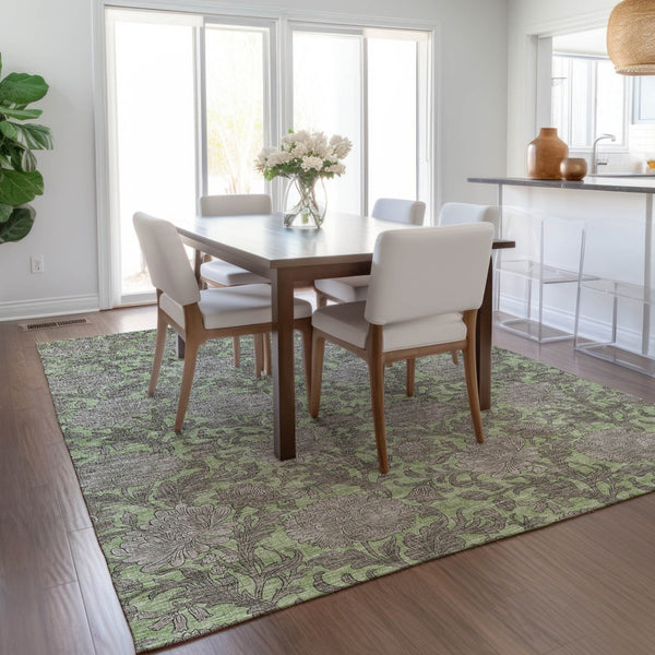 Homeroots 3' Artichoke Green And Gray Floral Washable Area Rug For Indoor And Outdoor Spaces, Durable Design 3' X 5' Polyester 581209