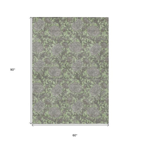 Homeroots 3' Artichoke Green And Gray Floral Washable Area Rug For Indoor And Outdoor Spaces, Durable Design 5' X 8' Polyester 581210