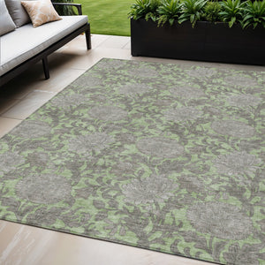 Homeroots 3' Artichoke Green And Gray Floral Washable Area Rug For Indoor And Outdoor Spaces, Durable Design 5' X 8' Polyester 581210