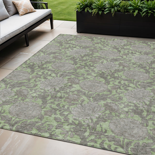 Homeroots 3' Artichoke Green And Gray Floral Washable Area Rug For Indoor And Outdoor Spaces, Durable Design 5' X 8' Polyester 581210
