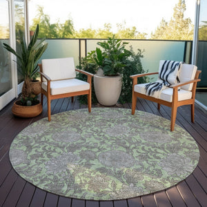 Homeroots 3' Artichoke Green And Gray Floral Washable Area Rug For Indoor And Outdoor Spaces, Durable Design 8' Round Polyester 581211