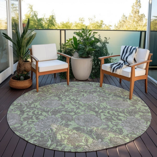 Homeroots 3' Artichoke Green And Gray Floral Washable Area Rug For Indoor And Outdoor Spaces, Durable Design 8' Round Polyester 581211