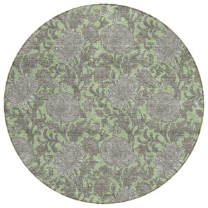 HomeRoots 5' Elegant Floral Area Rug in Artichoke Green, Gray, and Taupe for Indoor and Outdoor Spaces 8' Round 581211