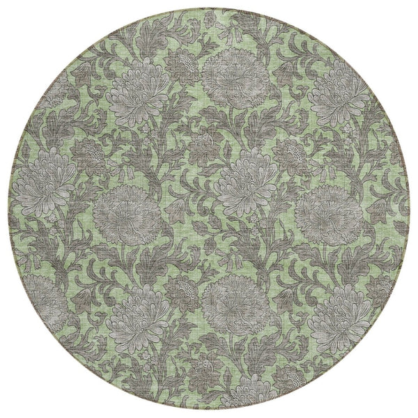 HomeRoots 5' Elegant Floral Area Rug in Artichoke Green, Gray, and Taupe for Indoor and Outdoor Spaces 8' Round 581211