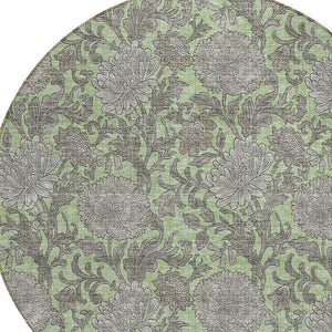 Homeroots 3' Artichoke Green And Gray Floral Washable Area Rug For Indoor And Outdoor Spaces, Durable Design 8' Round Polyester 581211