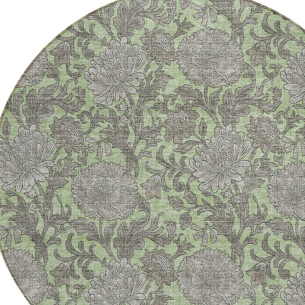 Homeroots 3' Artichoke Green And Gray Floral Washable Area Rug For Indoor And Outdoor Spaces, Durable Design 8' Round Polyester 581211