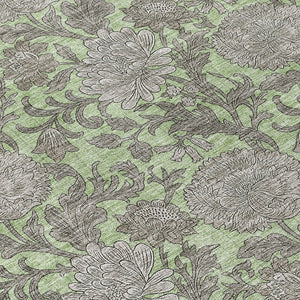 Homeroots 3' Artichoke Green And Gray Floral Washable Area Rug For Indoor And Outdoor Spaces, Durable Design 8' Round Polyester 581211