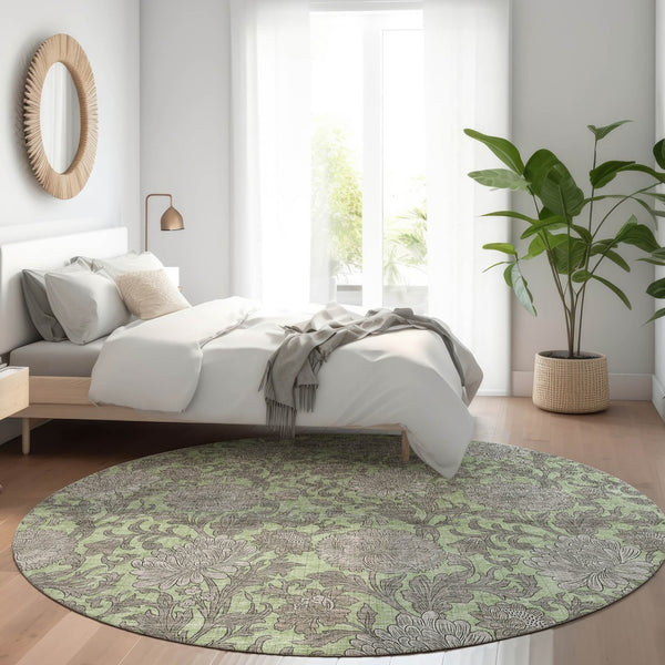 Homeroots 3' Artichoke Green And Gray Floral Washable Area Rug For Indoor And Outdoor Spaces, Durable Design 8' Round Polyester 581211