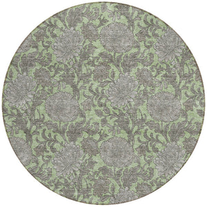 Homeroots 3' Artichoke Green And Gray Floral Washable Area Rug For Indoor And Outdoor Spaces, Durable Design 8' Round Polyester 581211