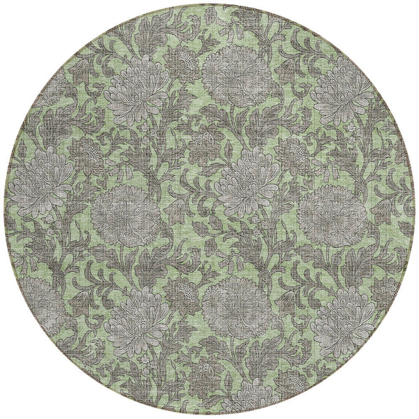 Homeroots 3' Artichoke Green And Gray Floral Washable Area Rug For Indoor And Outdoor Spaces, Durable Design 8' Round Polyester 581211
