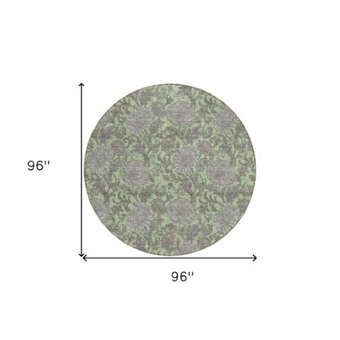 Homeroots 3' Artichoke Green And Gray Floral Washable Area Rug For Indoor And Outdoor Spaces, Durable Design 8' Round Polyester 581211