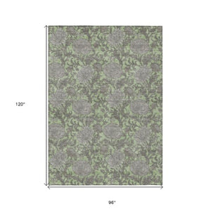 Homeroots 3' Artichoke Green And Gray Floral Washable Area Rug For Indoor And Outdoor Spaces, Durable Design 8' X 10' Polyester 581212