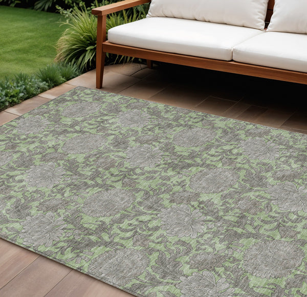 Homeroots 3' Artichoke Green And Gray Floral Washable Area Rug For Indoor And Outdoor Spaces, Durable Design 8' X 10' Polyester 581212