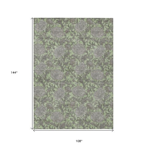 Homeroots 3' Artichoke Green And Gray Floral Washable Area Rug For Indoor And Outdoor Spaces, Durable Design 9' X 12' Polyester 581213