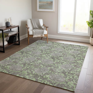 Homeroots 3' Artichoke Green And Gray Floral Washable Area Rug For Indoor And Outdoor Spaces, Durable Design 10' X 14' Polyester 581214