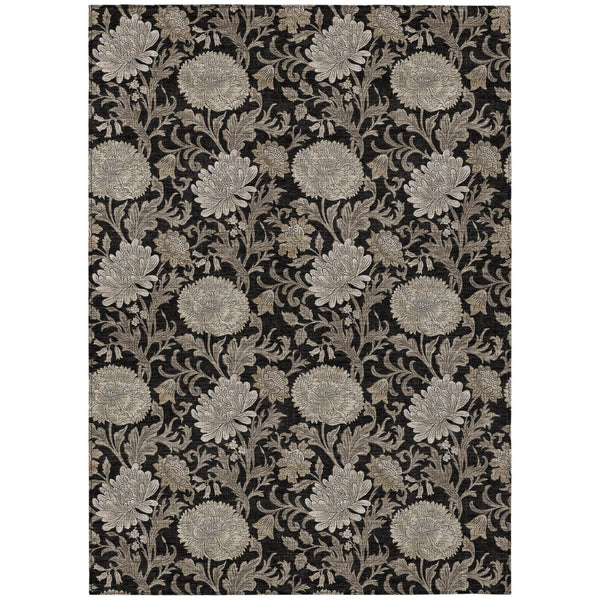 HomeRoots 5' Floral Washable Area Rug in Black, Taupe & Beige – Durable Indoor/Outdoor Design for Any Space 5' X 8' 581216