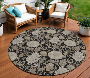 Homeroots 3' Artichoke Green And Gray Floral Washable Area Rug For Indoor And Outdoor Spaces, Durable Design 8' Round Polyester 581217