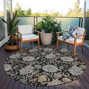 Homeroots 3' Artichoke Green And Gray Floral Washable Area Rug For Indoor And Outdoor Spaces, Durable Design 8' Round Polyester 581217
