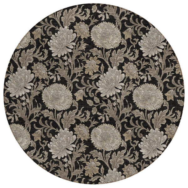 HomeRoots 5' Floral Washable Area Rug in Black, Taupe & Beige – Durable Indoor/Outdoor Design for Any Space 8' Round 581217