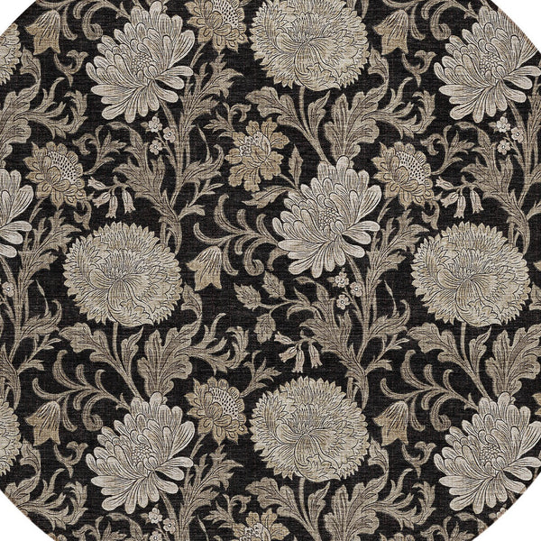 Homeroots 3' Artichoke Green And Gray Floral Washable Area Rug For Indoor And Outdoor Spaces, Durable Design 8' Round Polyester 581217