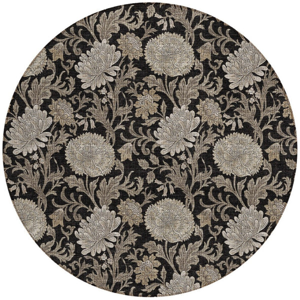 Homeroots 3' Artichoke Green And Gray Floral Washable Area Rug For Indoor And Outdoor Spaces, Durable Design 8' Round Polyester 581217