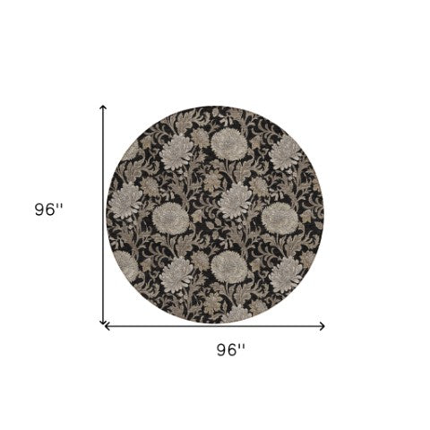 Homeroots 3' Artichoke Green And Gray Floral Washable Area Rug For Indoor And Outdoor Spaces, Durable Design 8' Round Polyester 581217